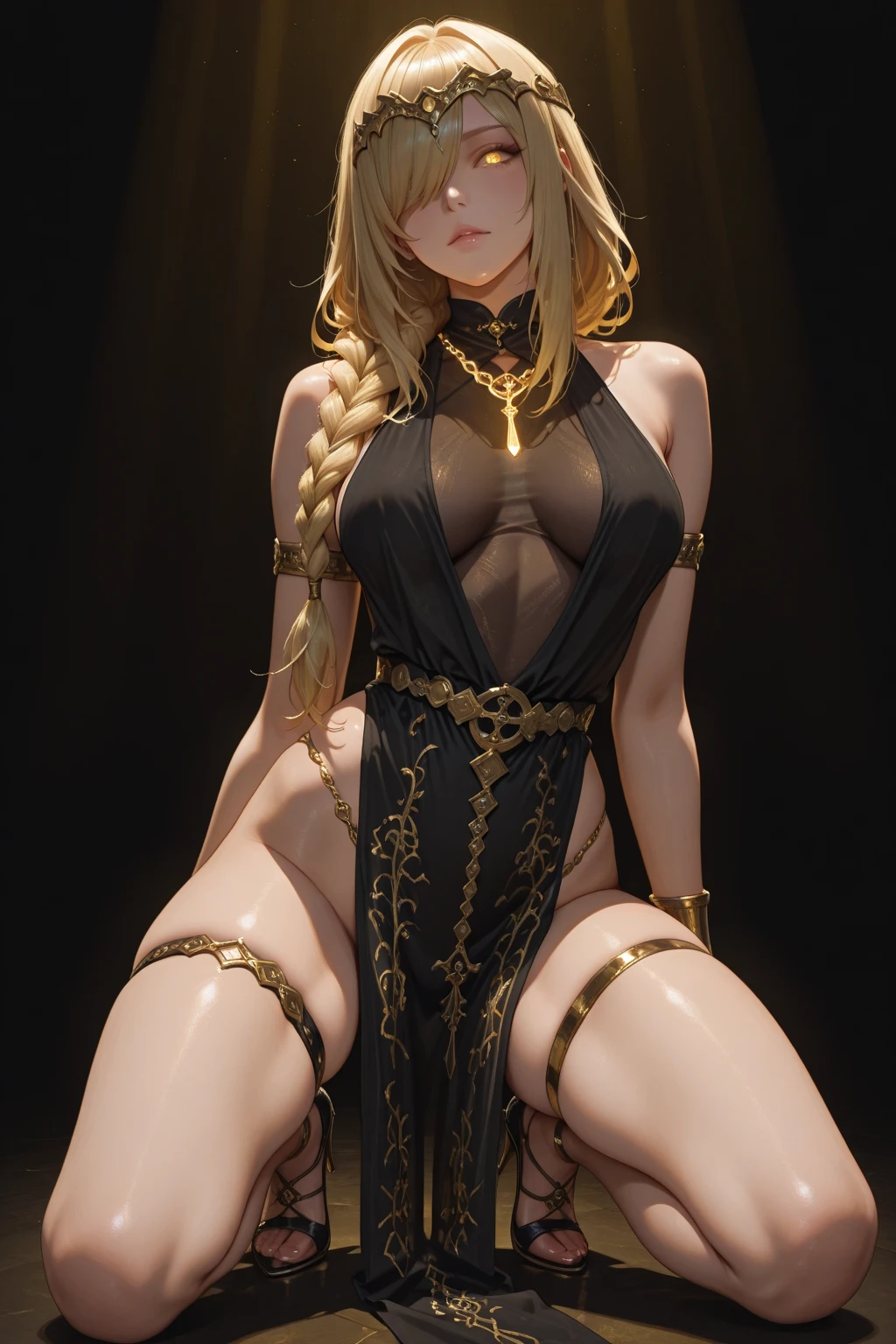 The character, depicted in a dynamic pose, wields a sword and shield, suggesting a warrior or fighter. She has blonde hair, blue eyes, and wears armor reminiscent of fantasy and mythology, common in many games and stories. Exaggerated and voluptuous features distinguish her, including a curvy silhouette, wide hips, thick thighs, and plump, large breasts. Towering at 188cm, she boasts hyper-realistic, saggy breasts and an intricately designed breastplate. The FFXIV art style is evident, reflecting the impact of social media and online platforms on perceptions of body size and shape. The artwork is highly detailed, vibrant, and focuses on the character's physique and the elaborate environment. With big boobs and a full body, it has gained popularity on ArtStation and CGSociety. Notably, the sharp focus showcases Leina or Reina Vance, possibly associated with Queen Blade or Queen Blade Unlimited and the Gigantic Breast trend. Her blonde hair flows long and free, completing her striking appearance as Queen Marika.