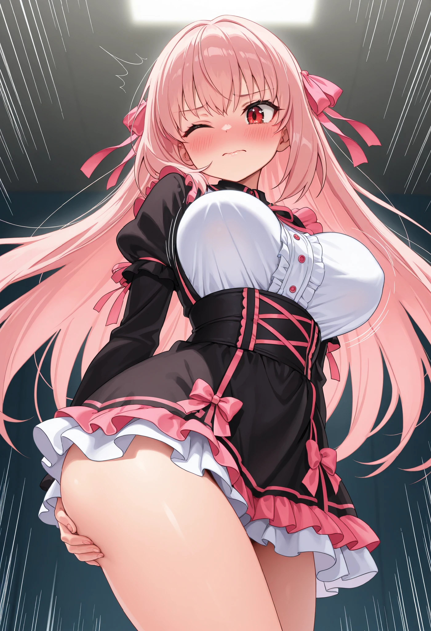 1girl, loli, cute daughter, happy, pony tail hair, cute pink mini dress, upskirt, vagina spread cameltoe, (white panties side tie), white background