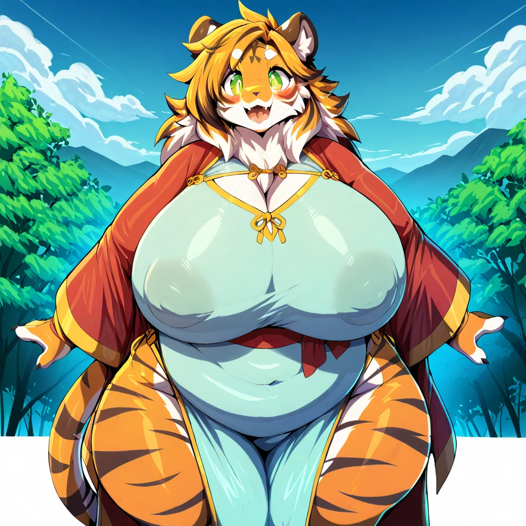 top quality, best quality, by bogexboog, High-quality illustrations, masterpiece), (kemono, furry anthro), very beautiful and detailed body face and eyes, round, 1 female, tiger, slightly chubby, mature face, brown furs, fluffy, tail, big breasts, perfect eyes, red eyes, beautiful flower bikini, body movement, body twitching, beautiful pregnant, nervous, panic, quick breathing, moan, strong contraction, feeling not well, spread legs, eyes closed, labor