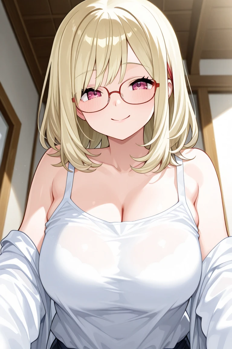 , pov, paizuri, 1girl,, 1boy, , , paizuri, penis between the breasts, cleavage, , sweat, breasts, naughty, sweat, , white tank top, cleavage, window, naughty, stepsister, blonde hair, under boob, glasses, naughty, wet penis, pubic hair