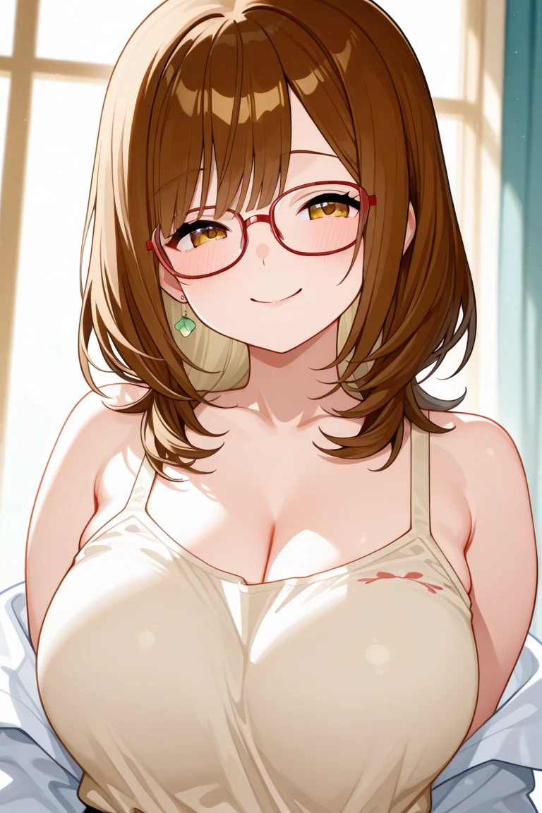 (big breasts:1.5),shiny,hair,((alone)),((masterpiece)),((highest quality)),perfect anatomy,slim waist,perfect image,8k uh,(detailed and beautiful eyes:1.5),highly detailed face,Are standing,(Upper body:1.1),(look ahead:1.1),back arm,Super detailed,disorganized,High resolution,brown hair,(green eyes),lingerie,(pink lingerie),deep cleavage,semi-long hair,Bedroom,light smile,Glasses,red frame Glasses,