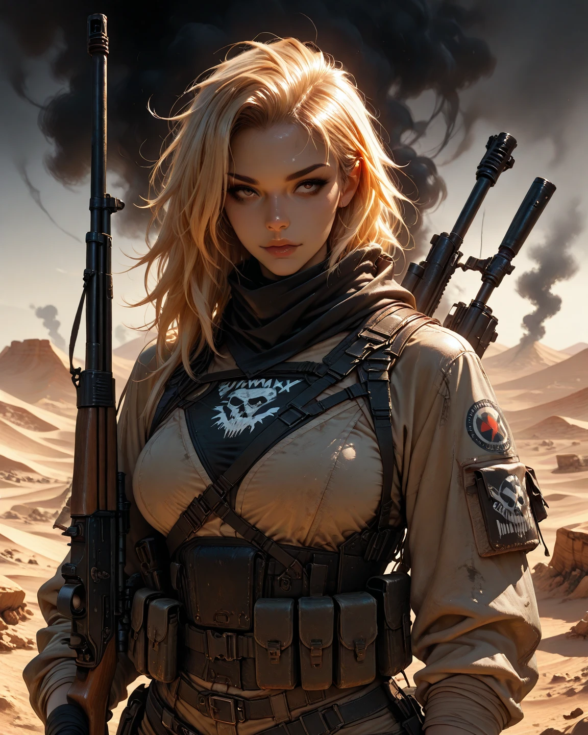 super fine illustration, ultra high resolution, masterpiece, highest quality, perfect dark skin, perfect lighting, detailed lighting, dramatic shadow, ray tracing, 1 beautiful white milf, looking at the viewer, small breasts, exposed cleavage, beautiful detailed hazel eyes, sharp face, clear eyes, long bang, ((medium curly blond hair:1.2)), ((desert:1.2)), ((battle of desert:1.35)), combat helicopter, ((Upper body:1.2)), battle suit, military harness, Alice Abernathy - Resident Evil Series, Milla Jovovich, ((holding Assault Rifle:1.5)),