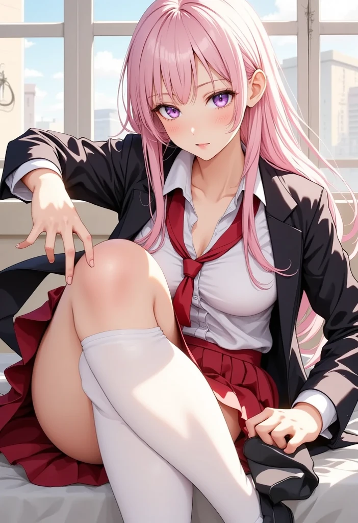 Ingrid, 1boy, 1girl, loli, child, pink hair, blush, flat chest, clitoris, clothed sex, clothes lift, desk, formal, hetero, lipstick, long hair, long sleeves, lying, makeup, on all fours, open mouth, penis, pussy, sex, skirt, skirt lift, solo focus, spread legs, suit, torso grab, uncensored, vaginal, reverse upright straddle, sex, sex from behind, ((school uniform)), (dark skinned female:1.15), dark skin, forehead, hair intakes, purple lipstick, makeup, mole under mouth, yellow eyes, perfect eyes, perfect face, ultra detailed hair, ultra detailed face, earrings, ultra detailed lips, ultra detailed lipstick