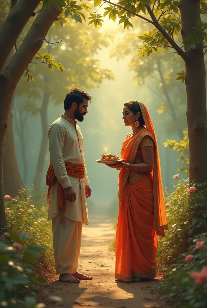 A kerala beautiful hindu ladie in traditional white saree standing with a tall arab muslim men