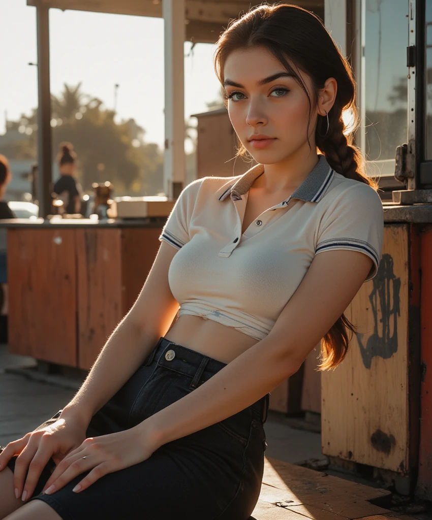 one beautiful woman, oval face, senseful lips, big brown eyes, 30 years old, slim sporty body, middle size breast, outside in a cafe at the table, 3/4 body, front view, wearing jeans and tshirt, clothes are whole and consitant, no text, sunny weather, backgorund blurred, sefie shot, cinematic lighting, motion blur, film grain, very detailed, 30 years, natural wave hair, dark brown eyes, high-res, masterpiece, best quality, intricate details, highly detailed, sharp focus, detailed skin, realistic skin texture, texture, detailed eyes, professional, 4k, 85mm, shallow depth of field, kodak color vision, perfect fit body, extremely detailed, photo_\(ultra\), photorealistic, realistic, post-processing, maximum detail, roughness, real life, ultra realistic, photorealism, photography, 8k uhd, photography (grain of film) medium shot for closeup shot, longer slimer face, perfect face, HIDDEN HANDS