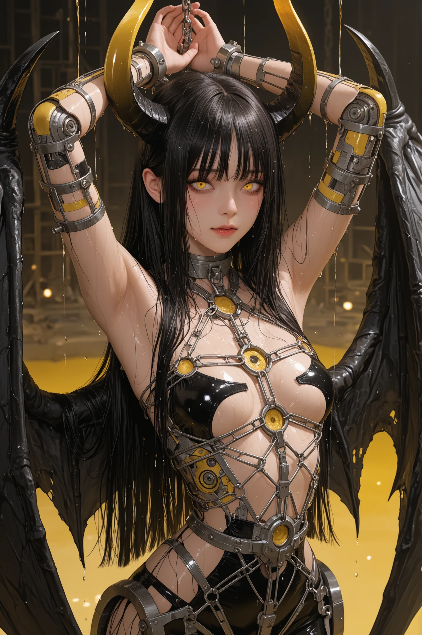NSFW、Black light、Real Art、A very delicate and beautiful Asian giant hornet girl、Super fine、1 、黒と黄colorの髪、Hornet personification、terrible、creepy smile、(((Spooky horror、wise、I was horrified、monster、Mobeki、Insanity))Glowing black eyes、floating、detailed light、An illustration、dynamic angle、Depth of bounds written、((((())))、anthropomorphic wasp queen、long black hair、あなたのtoothを見せて、super beautiful girl(like the real thing)(Ultra A high)solve、best image quality)、(8K、RAW photo、best image quality、masterpiece)、technical sense、best image quality、masterpiece、An illustration、cg、sense of unity、wallpaper、official art、amazing、finely、very delicate and beautiful、very detailed、very detailed、sharp focus、rich background、(real human being、image)、((high definition skin))Vicious face、creepy smile、 Close-up、creepy pupils、face with shadow、bags under eyes、big smile、tooth、Golden pupil、creepy eyes、mad face、constricted pupils、黒color強膜、A disgusting girl from another world、8K、very small breasts,sharp long nails,Wasp needles,Wasp pattern with black,Wasp wings,color,