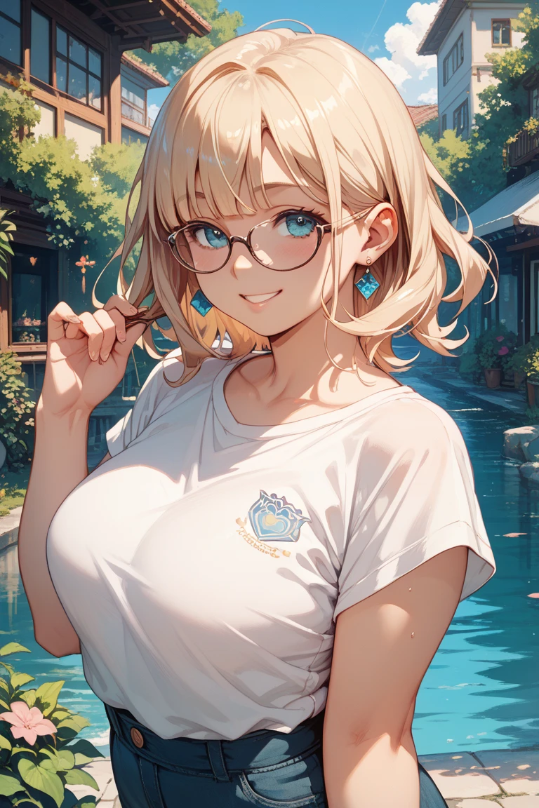 woman,14 years old,,city,night,(((white and blue tight miniskirt bodysuit))),,open mouth smile((See-through))glasses,((beautiful long ponytail)),((Baby girl body shape))((blonde))