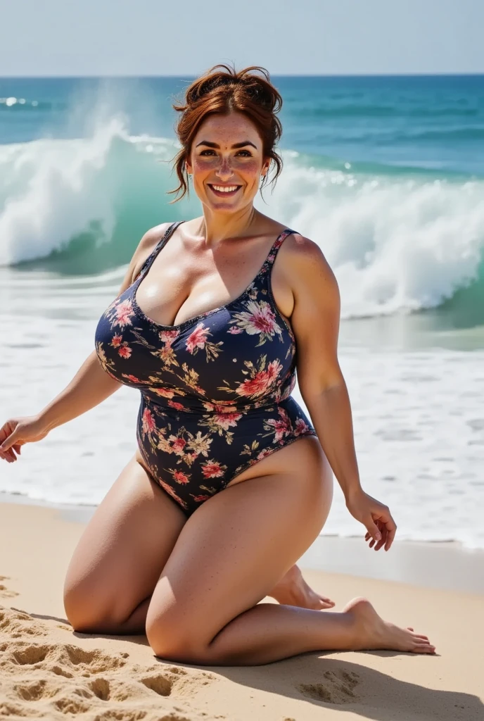 MILF, GIANT, CHUBBY, BBW, photo vintage, visage feminin parfait, cheveux LONG GINGER , tache de rousseur, 1969, big huge breasts : 38H, front VIEW, ( GREEN SWIMSUIT , SIDE , EXTREME V-NECK, BIG CLEAVAGE, BEAUTIFUL EYES, BEAUTIFUL HANDS, LIGHT SMILES, PERFECT FACE,, tres long décolleté, BEACH BACKGROUND
