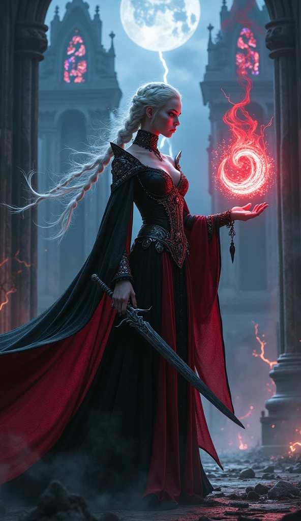1 magician woman, very pale skin color, expressive black eyes, elf ear, white hair, dressed with a red drape, using his fire magic , full length portrait , mystical dungeon interior atmosphere in background, detail richness, masterpiece, best quality