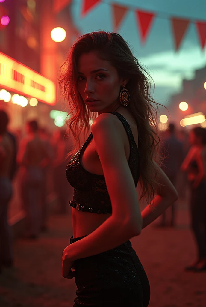 close-up, Beautiful French woman, tatteredclothing, Wild Longhair, tatteredclothing , cleaveage, Action movie scenes, Jantar Disstopico Cinematic Blade Runner, natta, bustling with neon signs, Blade Runner aesthetics, Crowded with people, cinematic photography, Trash Gang, Charming person, Focus on detail, Wearing meteorological technical equipment, Trash Gang, tattooed, nightlife, Vibrant, Trash Gang, Action movies shot by Gon Satoshi, Semi-Impasto Style, Dark ink, Atmospheric, 发光, dramatic lighting, beautidful eyes, symmetrical eye, perfect eyes