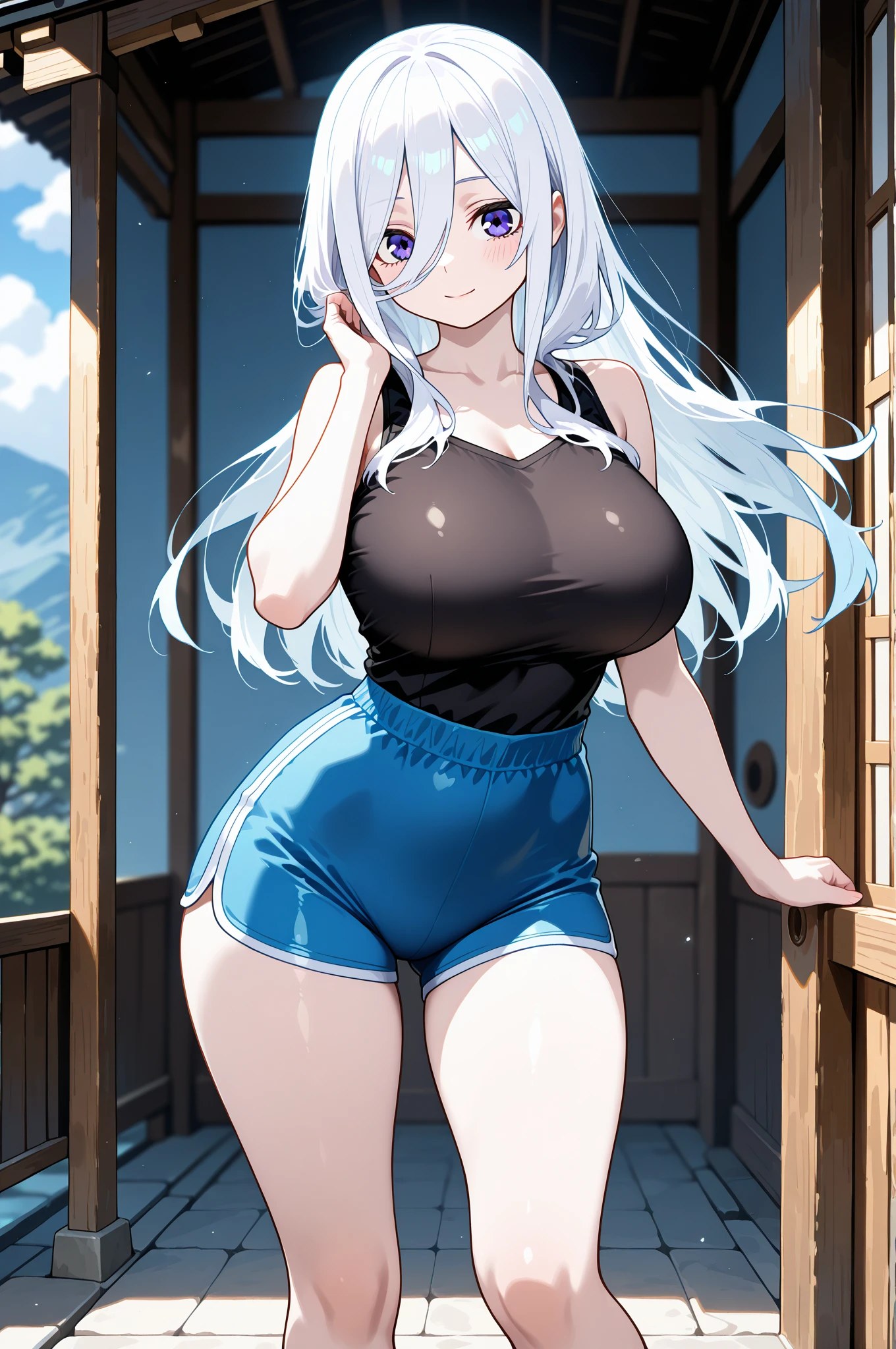 (masterpiece), best quality, expressive eyes, perfect face, 1girl, solo, huge breasts, , blunt bangs, hourglass figure, milf, mother, long hair, wavy hair, (light blue hair BREAK light blue eyes BREAK) lipstick, :/, closed mouth, hike, mountais, mountainous road, rocks, from behind, looking back, big butt, blue shirt BREAK yellow shorts BREAK short sleeves