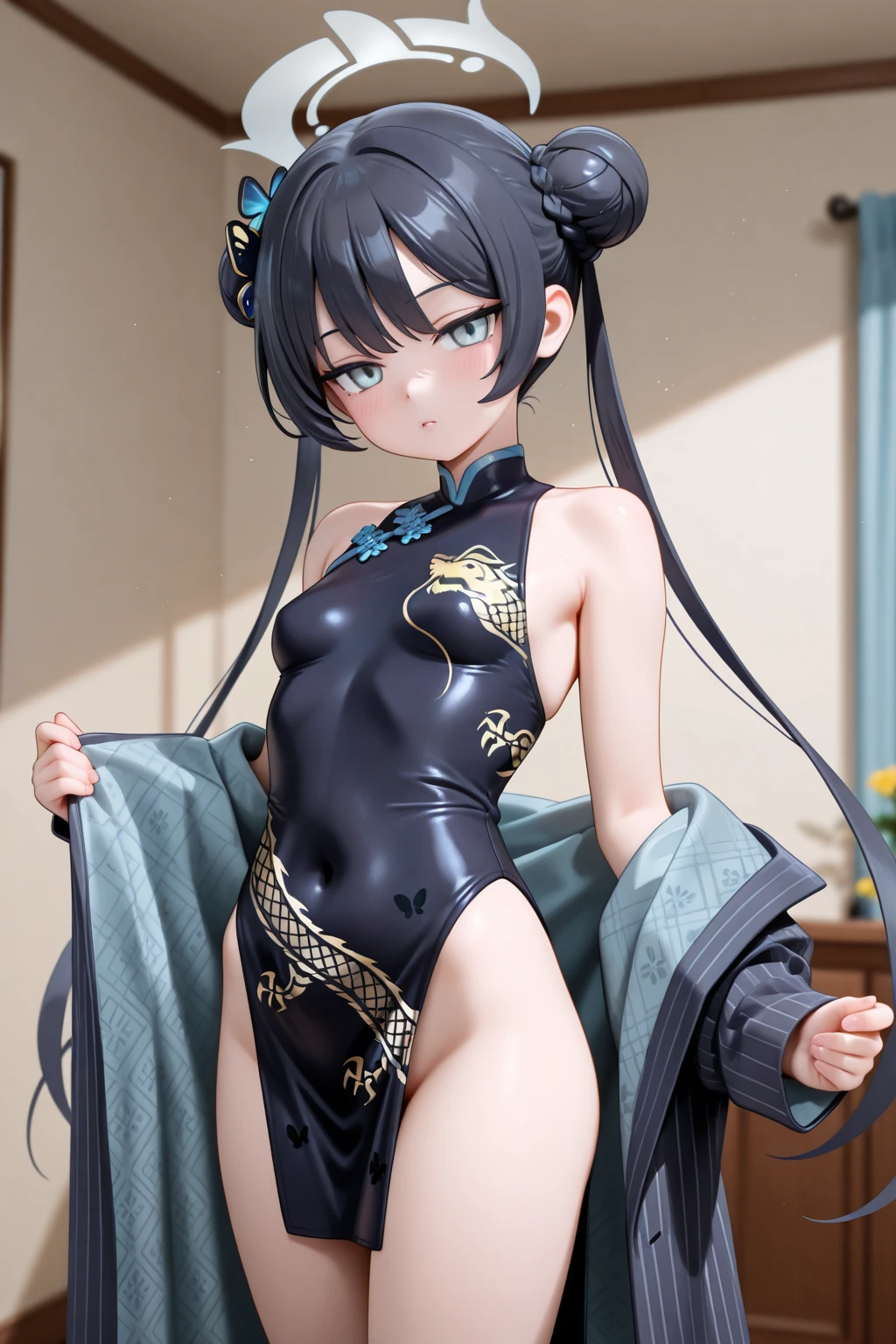 Highest Resolution,Highest quality,A beautiful girl in a Chinese leotard crying,Bun Hair,Dark bedroom,Tears,Open your mouth and drool,whole body,Sweat profusely,Cry,Beautiful eyes,