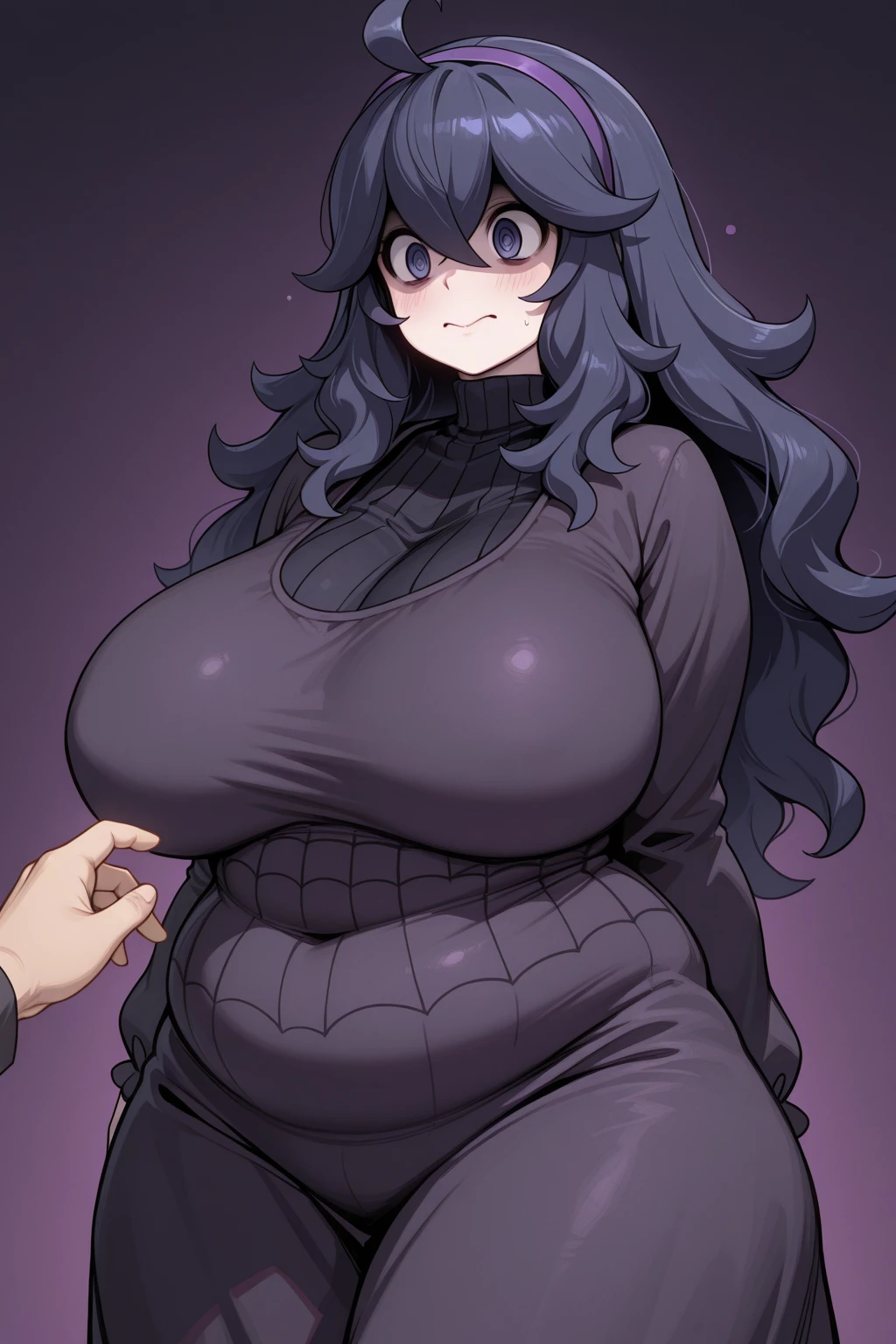 score_9, score_8_up, score_7_up, best quality, masterpiece, backlighting, dark, night, moon, forest, fog BREAK 1girl, hex maniac \(pokemon\), purple hair, purple eyes, @_@, (glowing eyes), huge breasts, plump smile, hiding, behind tree