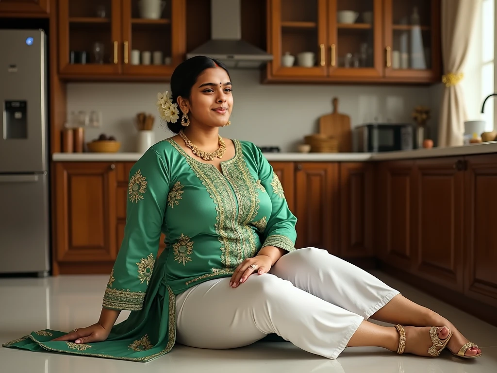 South Indian women, wearing cream colour chiffon transparent shiny skirt and light green shirt
