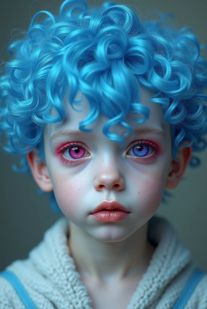 A boy with messy purple hair and shining eye and white skin