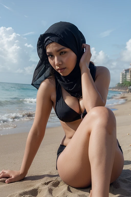 (masterpiece, best quality, hires, high resolution:1.2), Luna Maya wearing ((Hijab)), looking 100% like Luna Maya, black turtleneck sweater, 30 years old, just in her puberty, extremely detailed, highres, realistic, (cinematic lighting, perfect lighting, sunlight), 1girl, solo, naked, looking at viewer, sexy long stockings, spreading her legs, showing pussy, playful, biting one finger, (window, beachscape), head tilt, very sexy, up skirt, panties down, pantiepull, completely shaved pussy, no body hair.