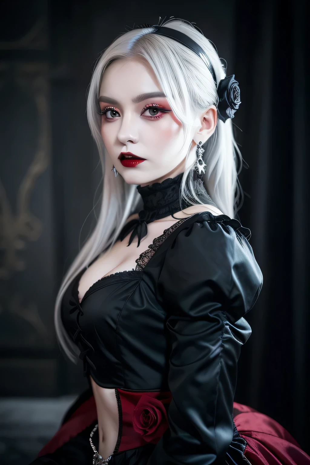 Insanely detailed photograph of a gorgeous vampire woman, goth Renaissance, long voluminous white hair, intricate white  eyes, fantastical, vampire, ethereal, hyperdetailed, 32k resolution, dynamic lighting, hyperdetailed, intricately detailed, trending on Artstation, triadic colors, volumetric lighting, BalenciagaStyle