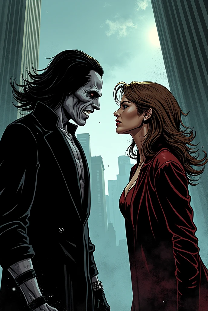 anime art, marvel art, a 40 year old hot male vampire, fit body, wearing tight suit, big bulge, sweaty, stomping his feet on the face of a lying woman in the street