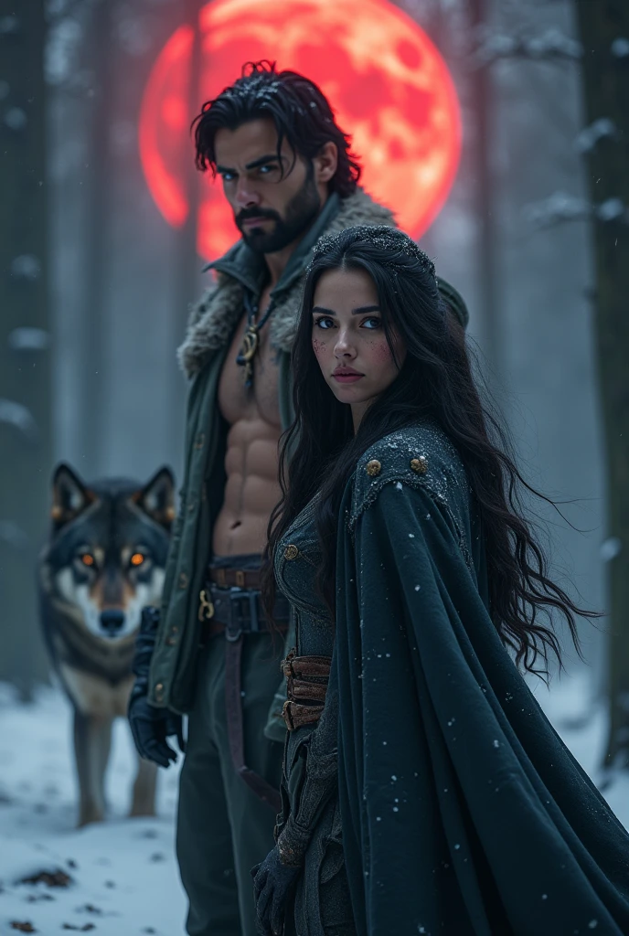 women, long wavy black hair, blue eyes, full lips, black high neck dress, Red energy coming out of it, in a snowy pine forest, man in suit, muscular, medium wavy black hair, blue eyes, with black energy coming out of it, In the background, a hooded man with his face covered, dressed in black