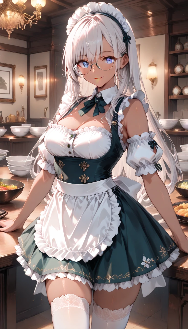 best quality, masterpiece, highres, solo, {belfast_azurlane:1.15}, long_hair, white_hair, bangs, breasts, large_breasts, braid, smile, cleavage, blush, french_braid, blue_eyes, purple_eyes, collarbone, chain, 1girl, collar, hair_ornament, looking_at_viewer, ponytail, broken, red_scrunchie, scrunchie, apron, red_apron, hair_scrunchie, hairclip, broken_chain, low_neckline, earrings, holding, jewelry, upper_body, tray