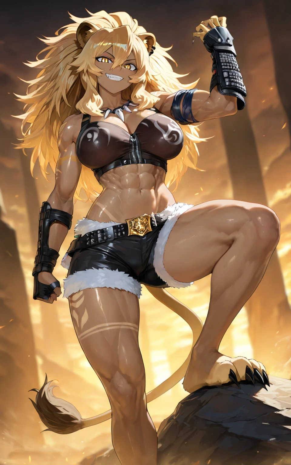 Strong woman with lion ear and tail, seios extremamente grandes.