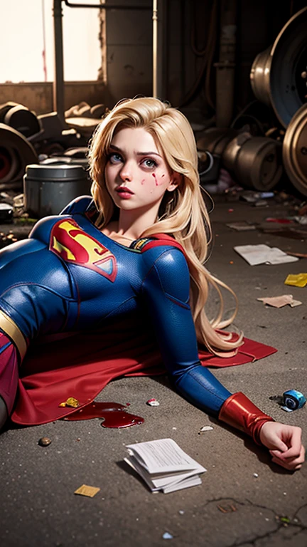 (best quality), (masterpiece), supergirl (perfect face), defeated, (perfect body), (tears, blood, severe bruises and injuries on body, heavy wounds and cuts, severe bleeding from nose, mouth and injuries, damaged), (supergirl suit, ripped and torn suit), (injured and surrender kneeling weekly), perfect body, dark lighting, dim light, foggy and smoky, cowboy shot, 8k resolution, high saturation, damaged and ruined surrounding