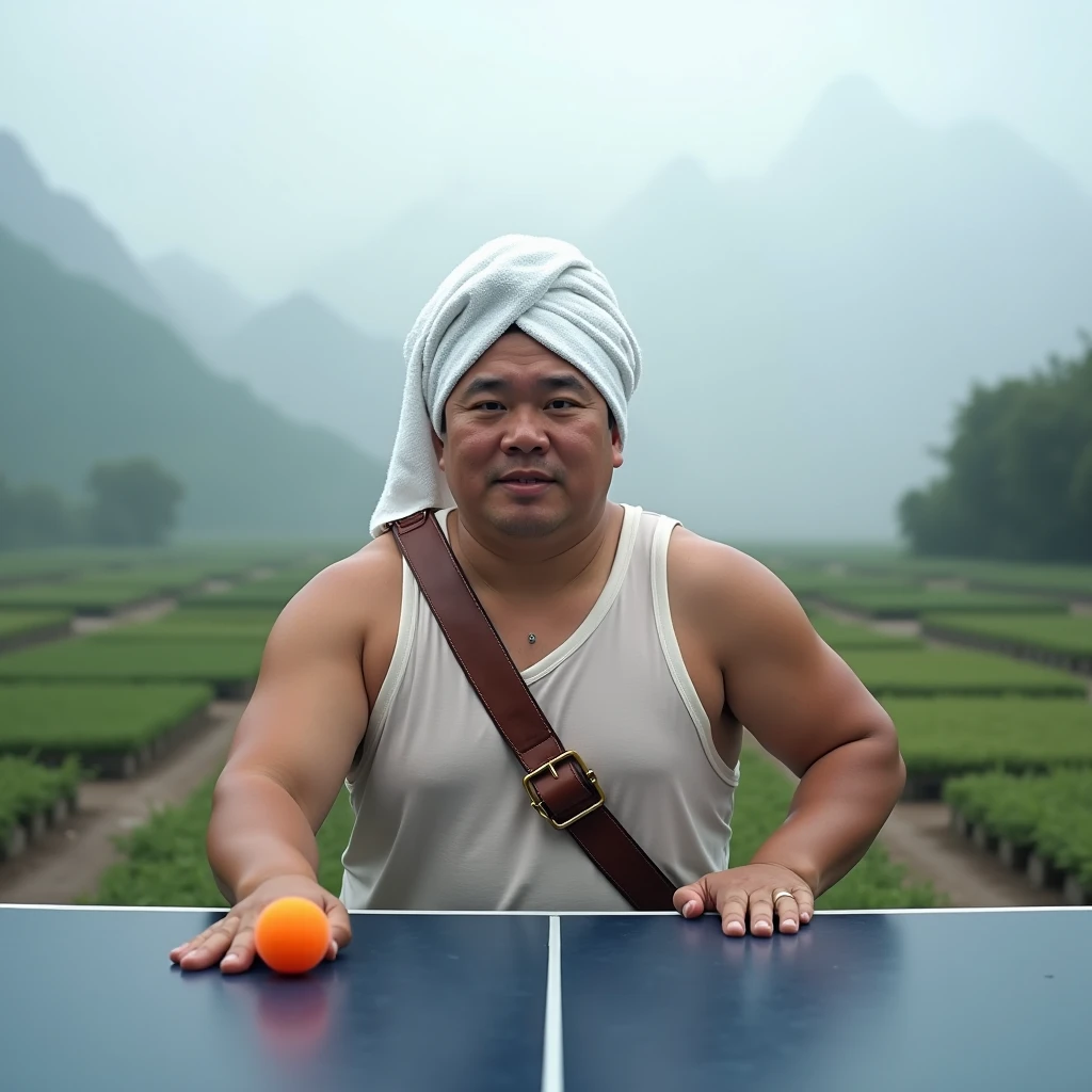 A 50-year-old Japanese former rugby player in wet white briefs sits with his legs spread wide open by a mountain stream。stocky fat thick 　short beard　very short hair　 