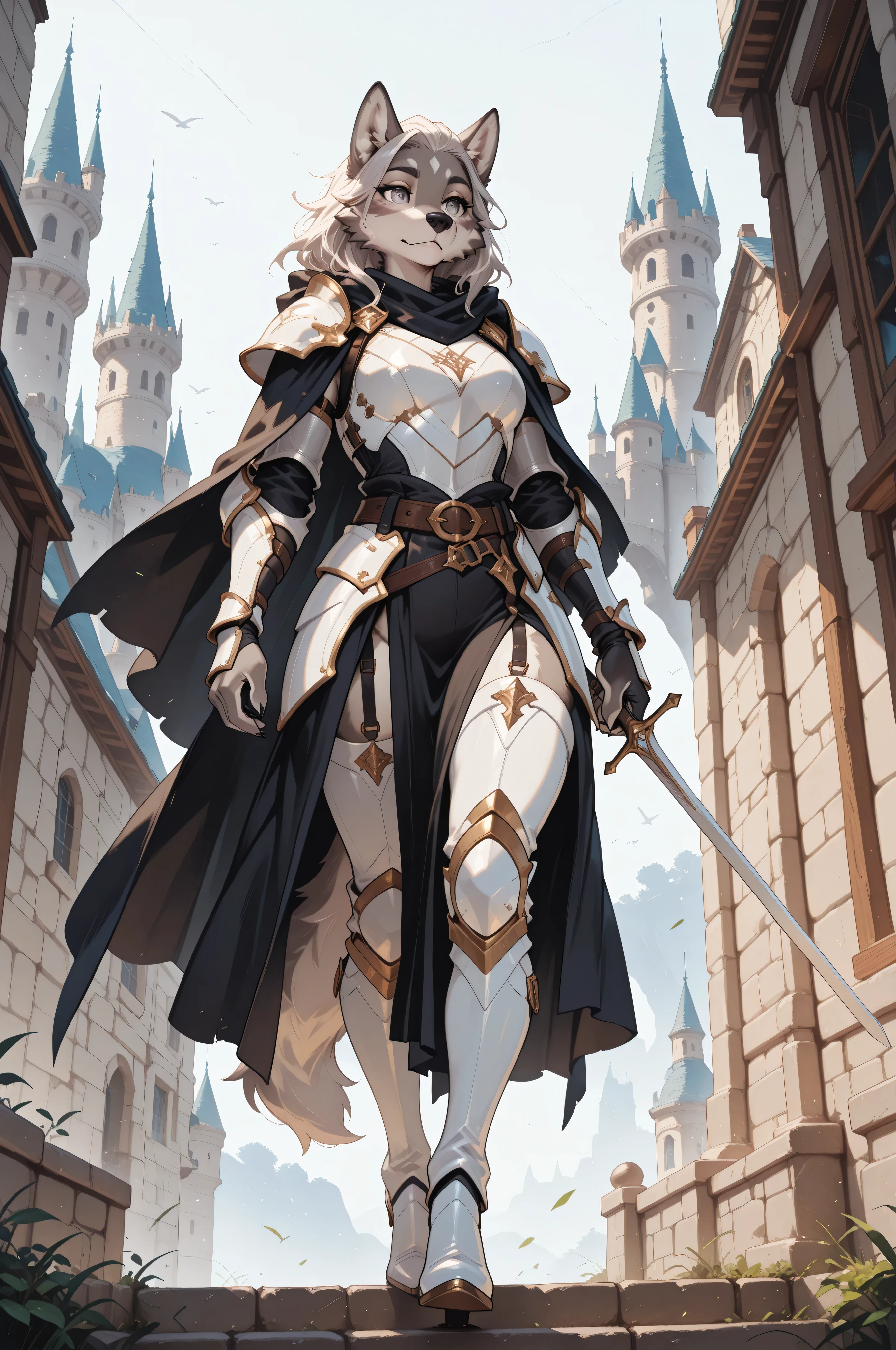Blonde，Full-figured adult female，white armor，tights，thigh，iron boots，Medieval European castles