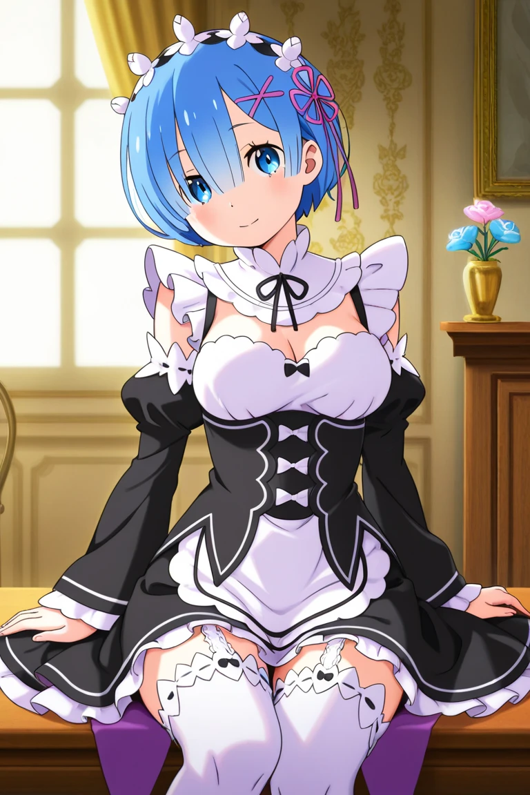 (masterpiece:1.3), (best quality:1.2), (8k, ultra detailed, ultra high res:1.2), ((anime style)), perfect 5 fingers, perfect anatomy,
1girl,
rem,
short hair,
blue hair,
blue eyes,
maid headdress, ribbon, x hair ornament,
large breasts,
maid uniform, black unuform, detached sleeves, white tights,
BREAK smile,
looking at viewer,
cowboy shot,
indoor, nsfw, spread legs, on the bed,
