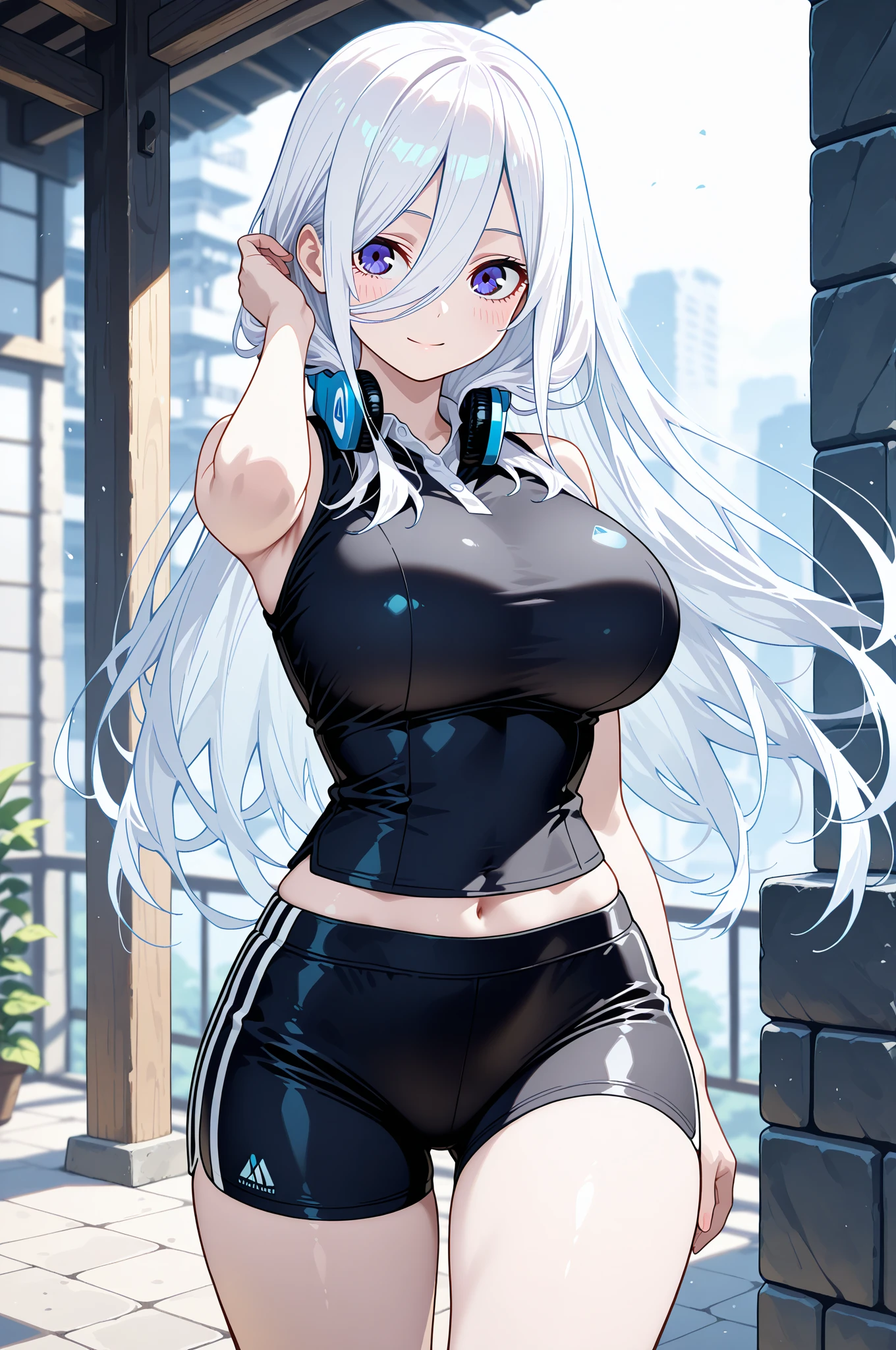 1 girl，cabelos preto e longos，gymnastic suit，Extremely huge，Extremely huge，In the stadium，sweat profusely，I can see my lower breasts