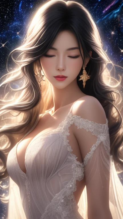 A voluptuous female silhouette with long hair, whose form contains a universe within, with a large, thick, shimmering pink halo on her back, without facial features, (best quality,4k,8k,highres,masterpiece:1.2),ultra-detailed,(realistic,photorealistic,photo-realistic:1.37),dramatic lighting,ethereal,intricate details,glowing,mystical,fantasy,magical realism,soft colors,pastel palette