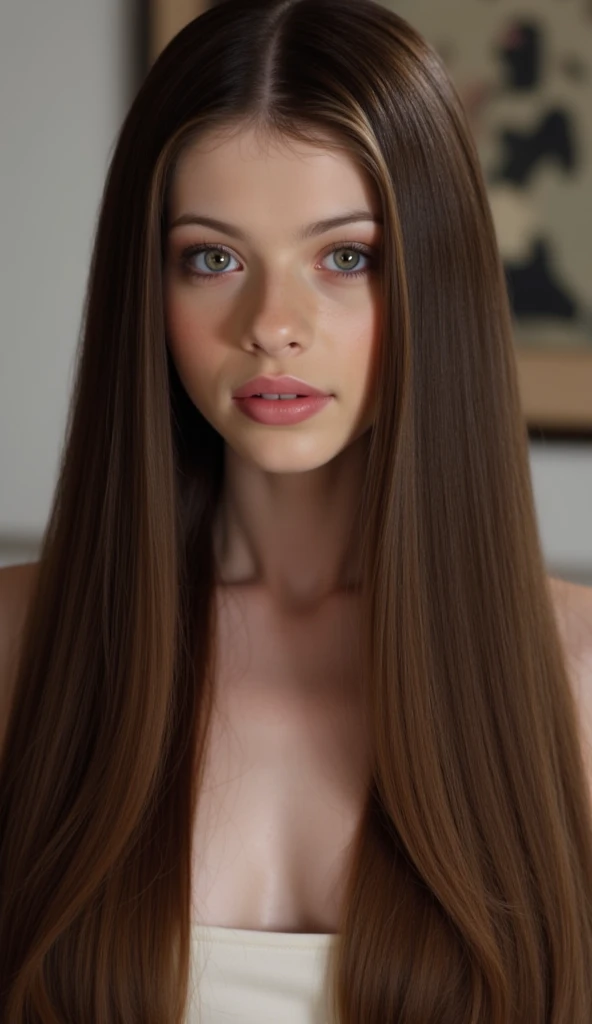 1 woman(realist:1), masterpiece, Best Quality, ultra detailed, Alone, happy, happy, nude, brown hair, Long hair, black eyes, happy, sexy, Whole body