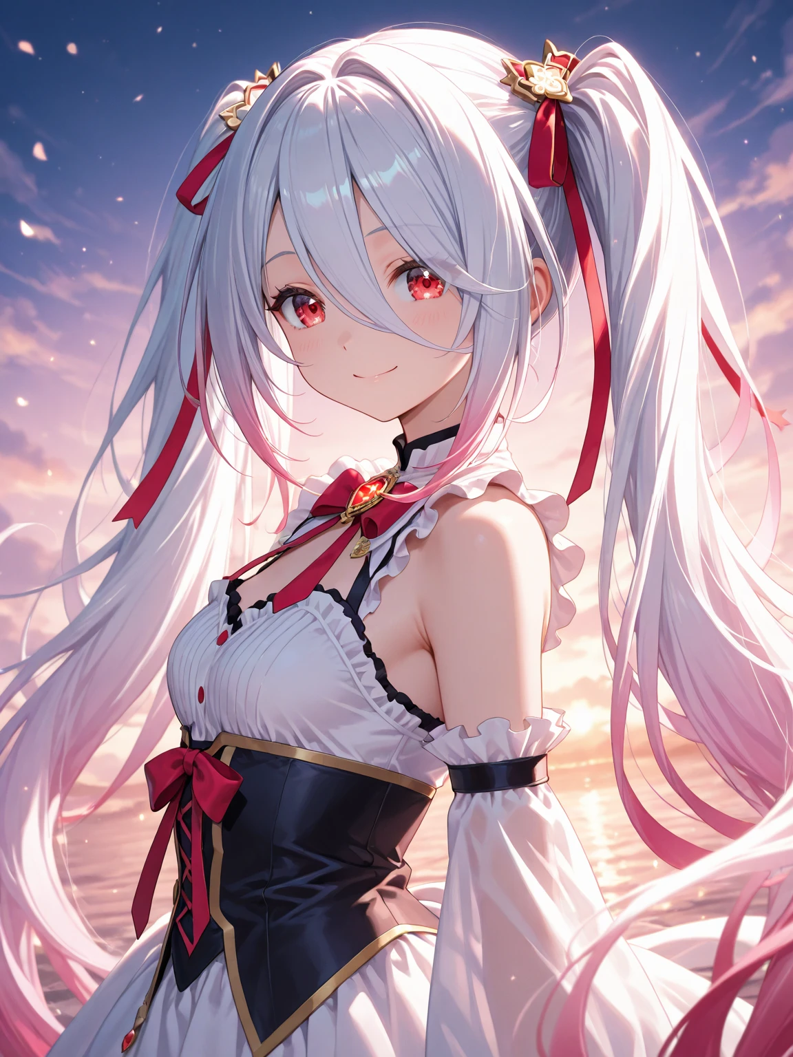 Silver hair, pink eyes, body, cat ears, sexy girl, earrings, flower sky background, pink red uniform, hair bows, look down, happy face