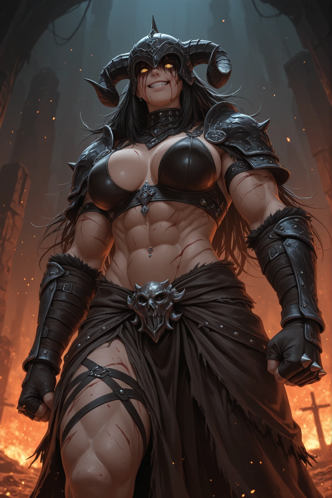 A formidable barbarian woman stands imposing in a post-apocalyptic wasteland. Her beautiful yet scarred face is framed by a mane of ferocious hair, with piercing yellow eyes that narrow in a malicious grin, revealing her lethal intent. Her voluptuous figure is accentuated by tight-fitting leather armor, adorned with metal studs and laces, which extends over her broad shoulders and cinches at the waist to enhance her athletic form. The armor dips dangerously low, revealing scars that tell a tale of battles won and foes vanquished. Her muscular arms are bare, her fist clenched so tightly that blood drips from her knuckles, symbolizing her unwavering strength and ferocity. Atop her head, a majestic helmet boasts an elaborate row of curling horns, casting long shadows across her face and adding to her intimidating aura. The camera angle is dramatically low, offering the viewer the perspective of someone gazing at a towering giant, focusing on her defined abdomen and ample bust, both highlighted by the stark contrast of chiaroscuro lighting. The background is a canvas of darkness, intermittently pierced by the fiery glow of embers and ash, hinting at the destruction she has left in her wake. The scene is lit from below, casting deep shadows that accentuate her powerful build and the intricate details of her attire, creating a sense of both seduction and menace. Her presence is a hypnotic blend of beauty and brutality, leaving no doubt: she is a warrior to be reckoned with in this desolate land. Skyrim art style