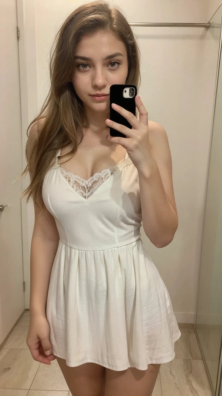 a 17 year old girl with Brown long hair, in public, selfie, portrait, white dress
