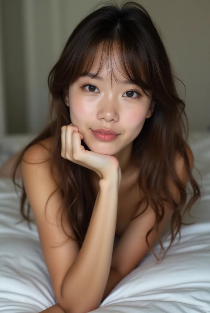 arafed asian woman with freckles and red lipstick looking at the camera, detailed face of an asian girl, southeast asian with round face, korean face features, asian face, korean symmetrical face, freckled face, sparse freckles, woman with freckles, marks on her face, Asian features, light freckles, young adorable Korean face, lying half-naked with her feet raised