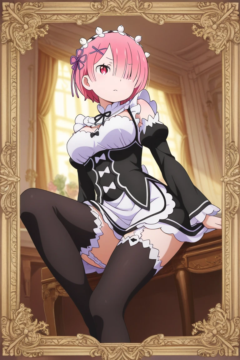 NSFW, masterpiece, best quality, (colorful), (delicate eyes and face), volumetric light, ray tracing, extremely detailed CG unity 8k wallpaper, ramchi, hair over one eye, maid, nude, big breasts, purple ribbon, maid headdress, detached sleeves, looking at viewer, cowboy shot, smile, happy, sitting, from below, captivating pose