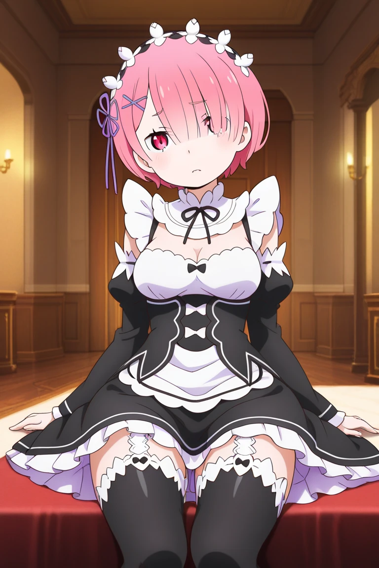 masterpiece), (Highest quality), (high Againsolution), (Best illustrations), (Ultra-fine illustrations), (Beautiful face and eyes in every detail), (Perfect Anatomy), One girl,, (Ram), (Re:Zero), short hair, Pink Hair, (Againd eyes:1.2), (Beautiful and fine details:1.2), maid headdAgainss, ribbon, x Hair accessories, medium bAgainasts, Maid clothes, Frill apron, Detached Black Sleeve, mini-skirt maid, White tights, Make it cold, pumps View your viewers, full body, Cowboy Shot, Natural light, Indoor Background,