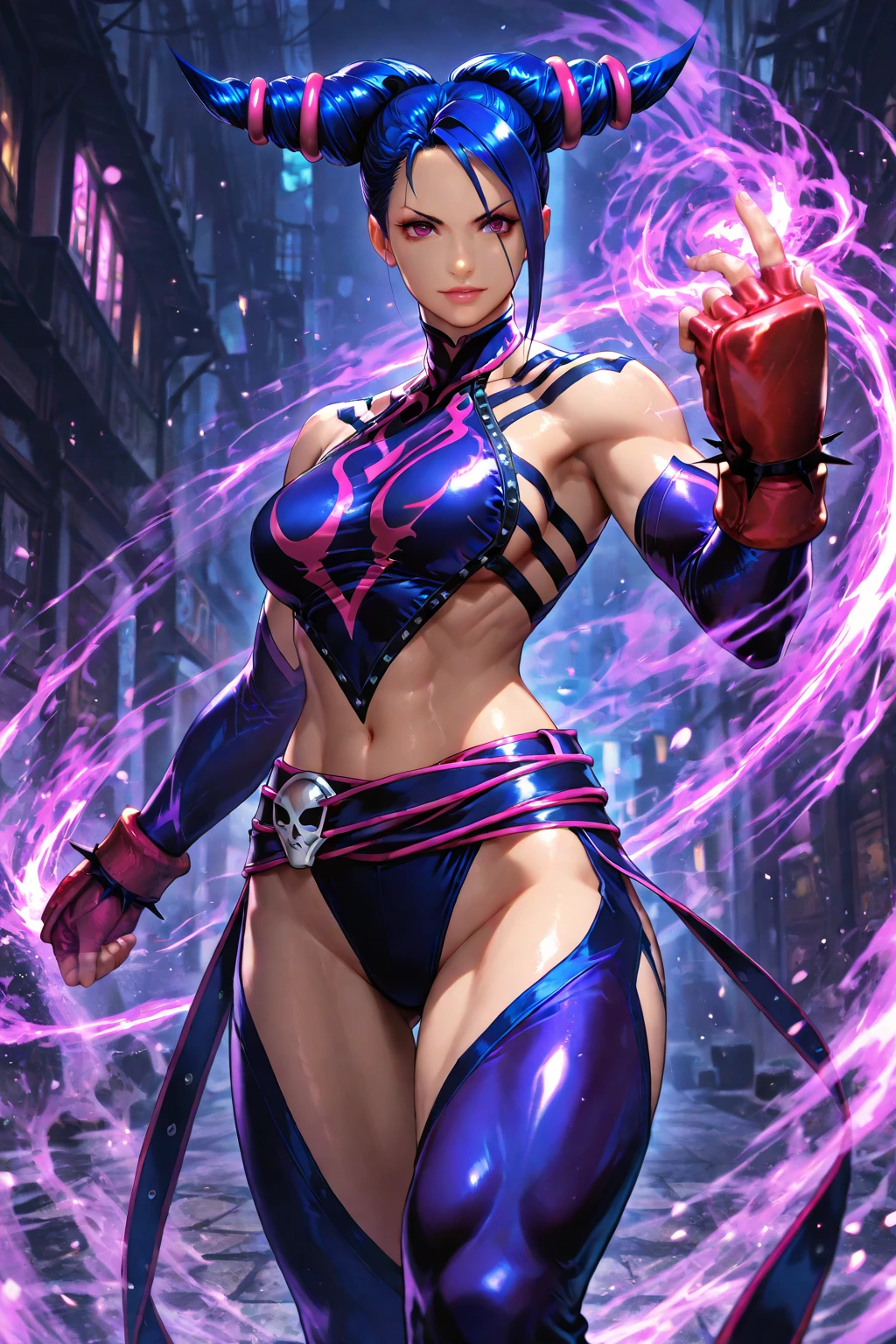 a close up of a woman in a purple and black outfit, juri han from street fighter, juri misaki, fighting game character, extremely detailed artgerm, range murata and artgerm, artgerm 4 k, as a character in tekken, style artgerm, hq artwork, kate bishop, portrait ninja gaiden girl, big ass, bent over, huge hips, latex, big breasts, huge ass