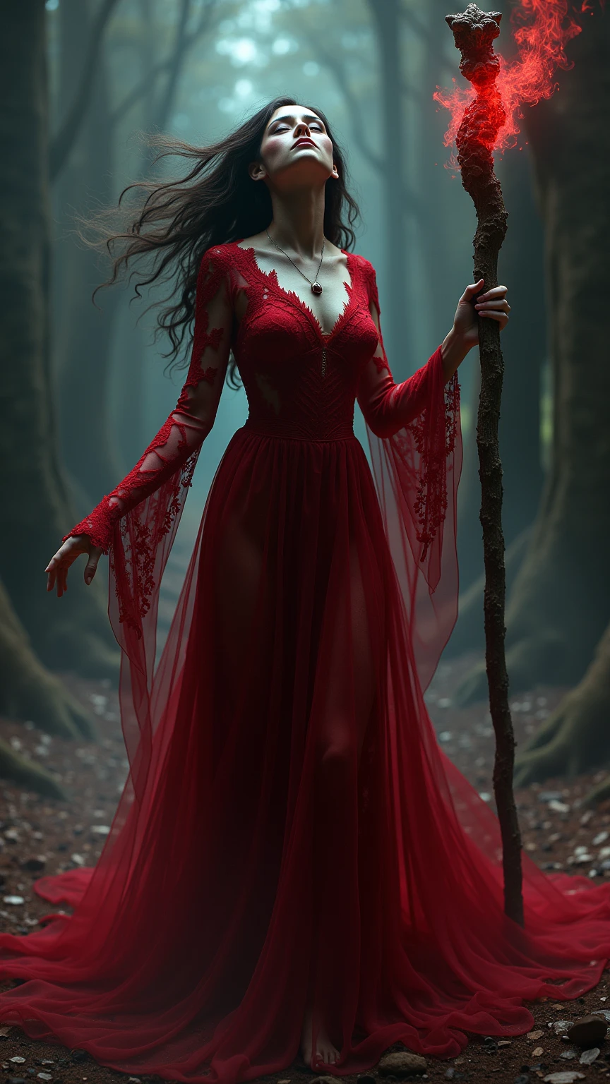detailed facial features of succubus, vibrant colors, glowing aura, ethereal atmosphere, shadow and light interplay, seductive gaze, flowing red dress, delicate jewelry, enchanting setting, mystical forest, moonlit backdrop, mystical symbols, dusk lighting