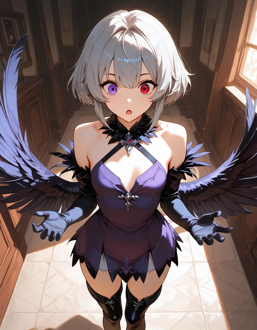 Silver Hair、Bobcut、Take off your clothes、Woman with black angel wings、Big Breasts、Purple Eyes、Spread your legs、Showing nipples, vagina and thighs、On the bed、Are sleeping、official anime artwork, ayaka genshin impact, official artwork, noire, shalltear bloodfallen, high detailed official artwork, detailed key anime art, noire photo, ayaka game genshin impact, gapmoe yandere grimdark, hajime yatate, fine details. girls frontline