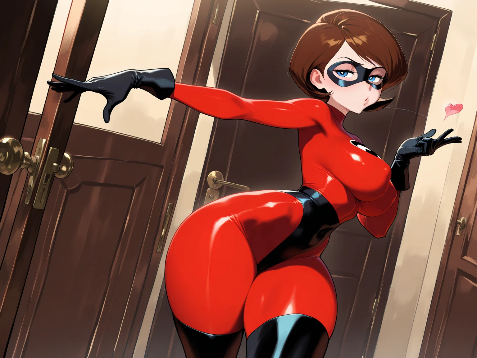 Helenpa, masterpiece, top-quality, 独奏, brown haired, glowing pink eyes, Latex bondage, Tattoo of the lower abdomen, adult lady, Sharp Eye Mask, Provocative smile, shorth hair, red and black costume, headphones, 1girl in, full body Esbian, Pink lighting, on the beds,Open legs to emphasize crotch, Lift your hands and put them behind your head, chastity belt
