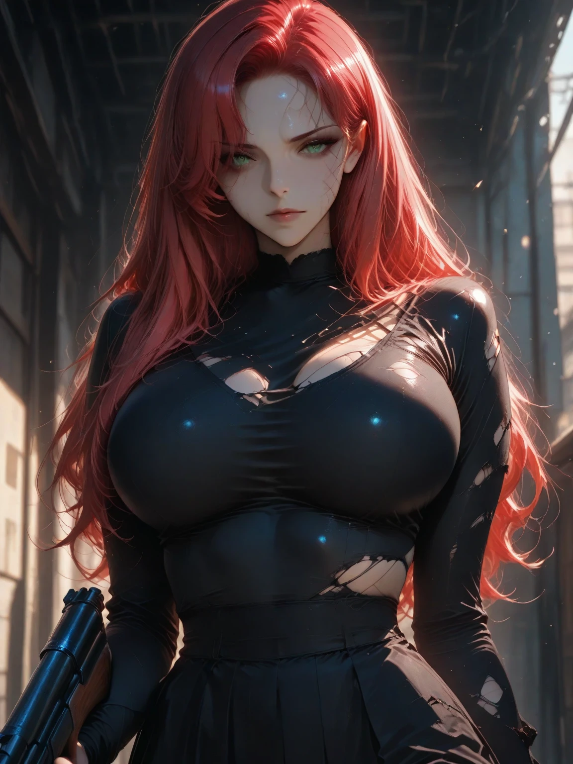 Woman long red hair green eyes big breast apocalypse
