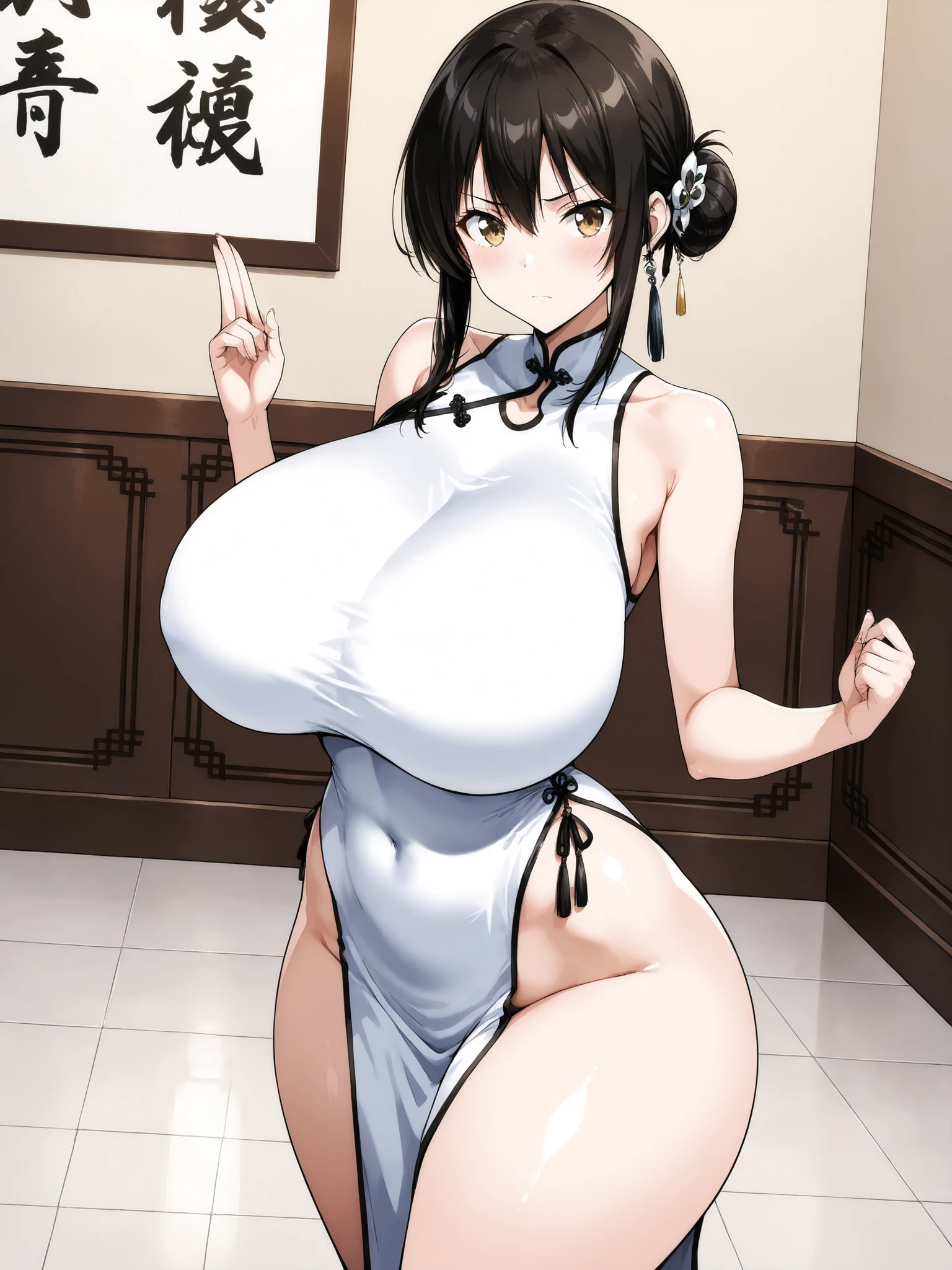 Best quality, extreme detail, Ran Mori, Standing alone in a Japanese martial arts training room, standing in a combat-ready karate stance, the pose is both serious and sexy, has huge breasts (F90), wide hips, she is slim, looks at the viewer, her gaze says come here if you dare, and her gaze says if I can get you I'll have you, my sweetheart, she is wearing a sexy Chinese cheongsam dress,