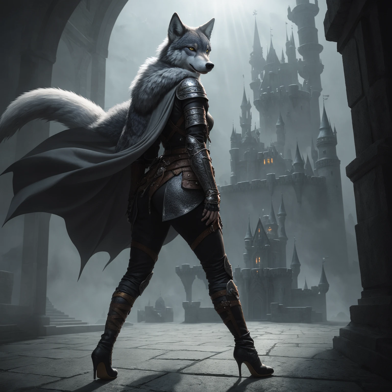 Female ferret, concept art, masterpiece, back view, tail, high quality, feet, assassin clothes, butt