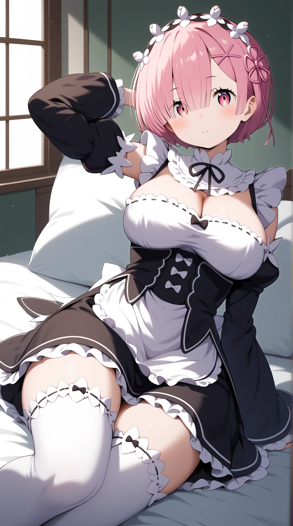 ((masterpiece)), ((best quality)), ((highly detailed)), (original), ((delicate background)), ((extremely detailed 8K wallpaper)), sweet, depth of field, 
BREAK 
((classic maid clothes)), ((scanty clothing)), lots of frills, ((huge breasts)), 
BREAK 
curly hair, faint pink hair, short hair, 
BREAK 
((heart-shaped eyes)), pink eyes, tongue out, blush, sweating, 
BREAK 
1girl, solo, cute girl, 15 years old, shiny skin, 
BREAK 
full body shot, on the bed, ((wariza)), looking at the viewer, 
