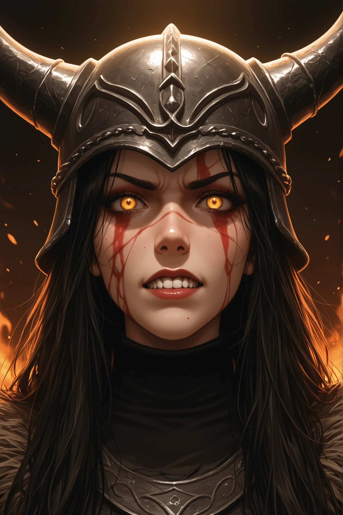 the face of a Viking woman, she is beautiful but has scars and blood on her face, her gaze is furious, she frowns and grits her teeth in fury, she wears a horned helmet, the lighting is divided, giving it a chiaroscuro shadow making half of her face in shadow and the other not, her eyes are yellow and have a small glow as if she were consumed by anger, the background of the image is darkness and flames