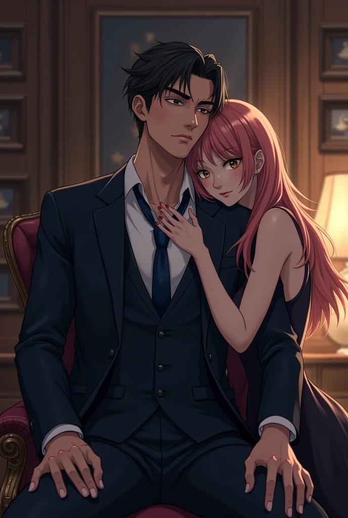 Masterpiece, best quality, super detailed, illustration, beautiful detailed eyes, close up, there is a boy and a girl in the room. It is a white slip dress with pink hair. The boy is black hair, black suit clothes pants. The boy lies on the sofa drinking red wine. Girl standing in front of the sofa