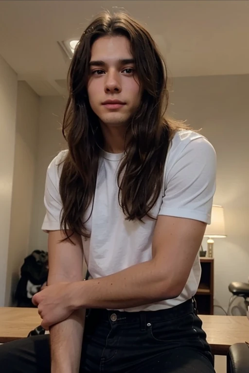 Handsome man, brunette skin color, light honey eye color, beard making long hair, age 20 years