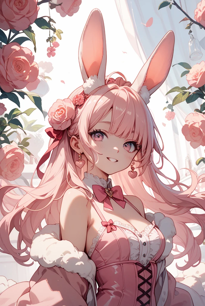there is a white rabbit Holding a flower in your hand and a red background, Beautiful anthropomorphic rabbit, Holding a flower in your hand, rabbit_rabbit, Beautiful的角色, 卡通Beautiful, rabbit, rabbit leg, Beautiful又Beautiful, Beautiful, rabbit, Beautiful的插图, the rabbit has pink fur, anthropomorphic rabbit, white rabbit, 超级Beautiful和友好, bloom